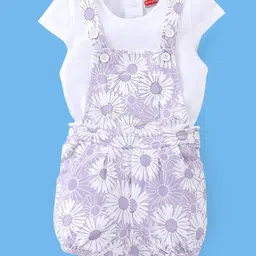 Babyhug 100% Cotton Knit Floral Print Dungaree with Half Sleeves Inner Tee - White & Lilac image 2