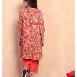 BIBA Rayon Three Fourth Sleeves Floral Printed & Lace Embellished Asymmetrical Suit With Dupatta Set - Orange image 3