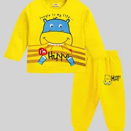 KUCHIPOO Pack Of 2 Full Sleeves Hippo & Shark Printed Printed Tees & Pajamas Sets - Yellow & Blue image 5