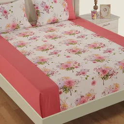 SWAYAM Pink & White Floral Flat 200 TC Cotton 1 King Bedsheet with 2 Pillow Covers image 2