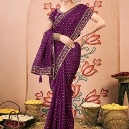 Satrani Purple Chiffon Printed Saree With Unstitched Blouse image 5
