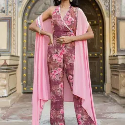 Scakhi Mauve Crepe Silk Floral-Solid Jumpsuit With Cape-picture-10