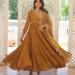 Ethnic Yard Embroidered V-Neck Georgette Maxi Gown With Dupatta-picture-36
