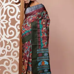 Unnati Silks Maroon & Green Silk Printed Saree With Unstitched Blouse-picture-29