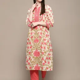Biba Beige Cotton Floral Print Straight Kurta image 5