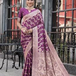 Varanga Purple Printed Banarasi Saree with Blouse Piece-picture-6
