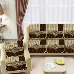 SAWNA HOMES Brown & Cream 6 Pieces Floral Printed 5 Seater Velvet Sofa Covers-picture-21