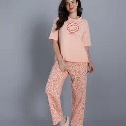 Zivame Peach Cotton Relaxed Fit Printed Night Suit-picture-48