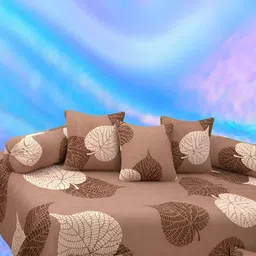 WELLNEST Set Of 8 Brown & Beige Leaf Printed Diwan Set image 1