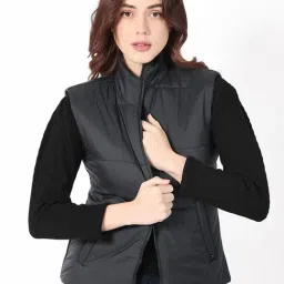 RAREISM Black Polyester Solid Sleeveless Jacket image 3