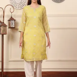 W Yellow Embroidered Straight Kurta-image-48