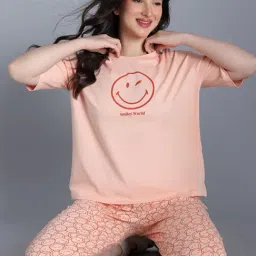 Zivame Peach Cotton Relaxed Fit Printed Night Suit image 4