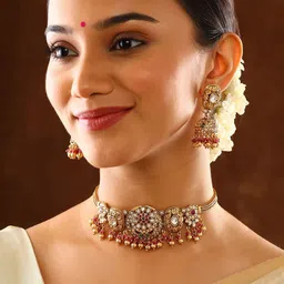 Priyaasi Gold Plated Stone Studded & Beaded Necklace and Earrings-picture-14