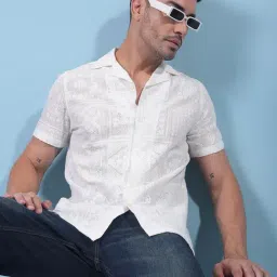 Crimsoune Club White Blended Slim Fit Jacquard Casual Shirt-image-76