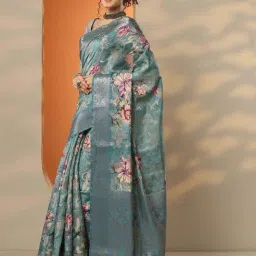 Libas Sea Green Floral Print Saree With Unstitched Blouse image 3