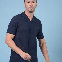 Crimsoune Club Navy Blue Blended Slim Fit Jacquard Casual Shirt-image-97