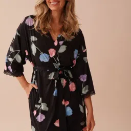 La Vie En Rose Black Tulip Print Lace Trim Kimono-picture-20