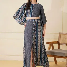 Stitchinc The Split Two Tone Floral Printed Top & Long Skirt-image-18