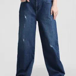 Only Dark Blue Blended Distressed Relaxed Fit Mid Rise Jeans-image-36