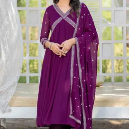 TextileNow Women Ethnic Motifs Embroidered Regular Sequinned Kurta with Trousers & With Dupatta image 3