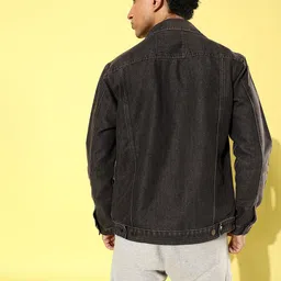 WROGN Men Dark Grey Solid Denim Jacket with Typography Sleeves image 4