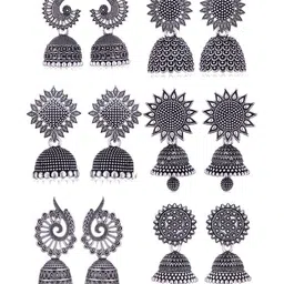 MEENAZ Set Of 6 Silver Plated Oxidised Dome Shaped Jhumkas-image-63