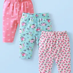 Babyhug Cotton Knit Three Fourth Leggings Floral Print Pack of 3 - Pink & Purple-picture-23