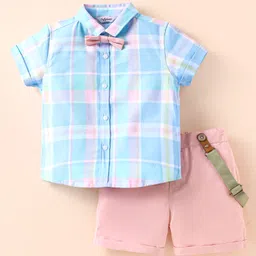ToffyHouse Poplin Woven Half Sleeves Checks Shirt & Shorts Set with Bow & Suspender - Pink Light Blue-image-3