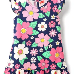 Babyhug Cotton Knit Frill Sleeves Nighty With Floral Print - Navy Blue-picture-25