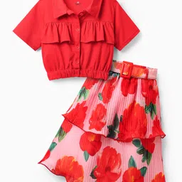OLLINGTON ST. Cotton Knit Half Sleeves Top & Woven Floral Print Skirt - Red & Pink-picture-14