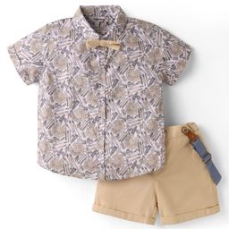 ToffyHouse Poplin Woven Half Sleeves Stationary Printed Shirt & Shorts Set with Bow & Suspender - Beige-picture-7