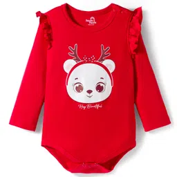 Doodle Poodle 100% Cotton Knit Full Sleeves Onesie With Reindeer Print - Red-image-90