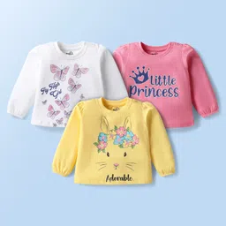 Doodle Poodle 100% Cotton Knit Full Sleeves Tops with Floral Butterfly & Text Print Pack of 3 - Yellow Pink & White image 1
