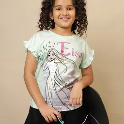 Kidsville Cotton Knit Disney Frozen Featuring Half Peasant Sleeves Elsa Printed Top - Green-picture-23