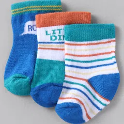 Cute Walk by Babyhug Knit Ankle Length Anti Bacterial Socks with Stripes Design Pack of 3 - White & Blue-picture-22