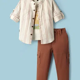 Dapper Dudes Full Sleeves Striped Shirt With Printed Tee & Pant Set - Brown-picture-25