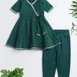 The Magic Wand Woven Three Fourth Sleeves Foil Printed Kurti & Pants Set - Green-picture-14