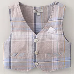 ToffyHouse Full Sleeves Shirt & Trouser with Checkered Waist Coat & Bow - Yellow & Blue image 2