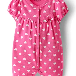 Babyoye 100% Cotton Interlock Knit Half Sleeves Rompers With Heart Print Pack Of 2 - Pink & Lime Green image 2