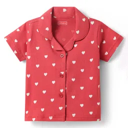 Babyhug Cotton Knit Half Sleeves Shorts Co-Ord Night Suit With Heart Print - Red image 2