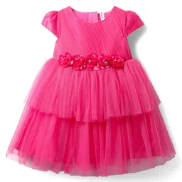 Babyhug Cap Sleeves Layered Mesh Party Dress with Floral Applique - Fuchsia image 2