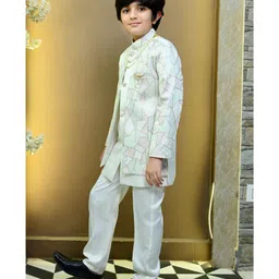 BT DEZINES Satin Woven Full Sleeves Abstract Embroidered Sequins & Pearls Embellished Sherwani Trousers With Mala Set - White image 4