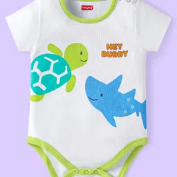 Babyhug 100% Cotton Knit Half Sleeves Onesies with Sea Life Print & Stripes Pack of 3 - White & Blue image 4