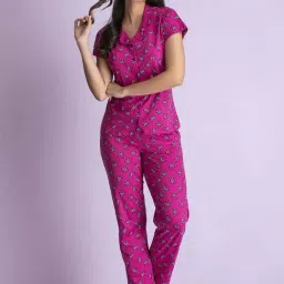 Clovia Purple Printed Shirt With Pyjama Set-image-7