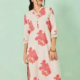 Styli Off-White & Pink Cotton Printed Straight Kurta-image-86