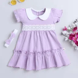 Bumzee Kids Lavender Cotton Embroidered Frock Set-image-10