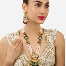 Zaveri Pearls Green Pink Meenakari Multistrand Necklace Earring Ring Set-ZPFK17586 image 5