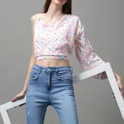 SHOWOFFFF Geometric Print One Shoulder Crepe Crop Top-image-11