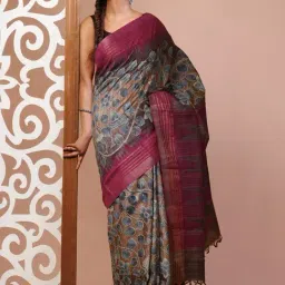 Unnati Silks Brown & Maroon Silk Printed Saree With Unstitched Blouse-picture-12