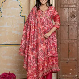 NAVYAAZRI Women Ethnic Motifs Printed Pleated Mirror Work Kurta & Trousers With Dupatta image 3